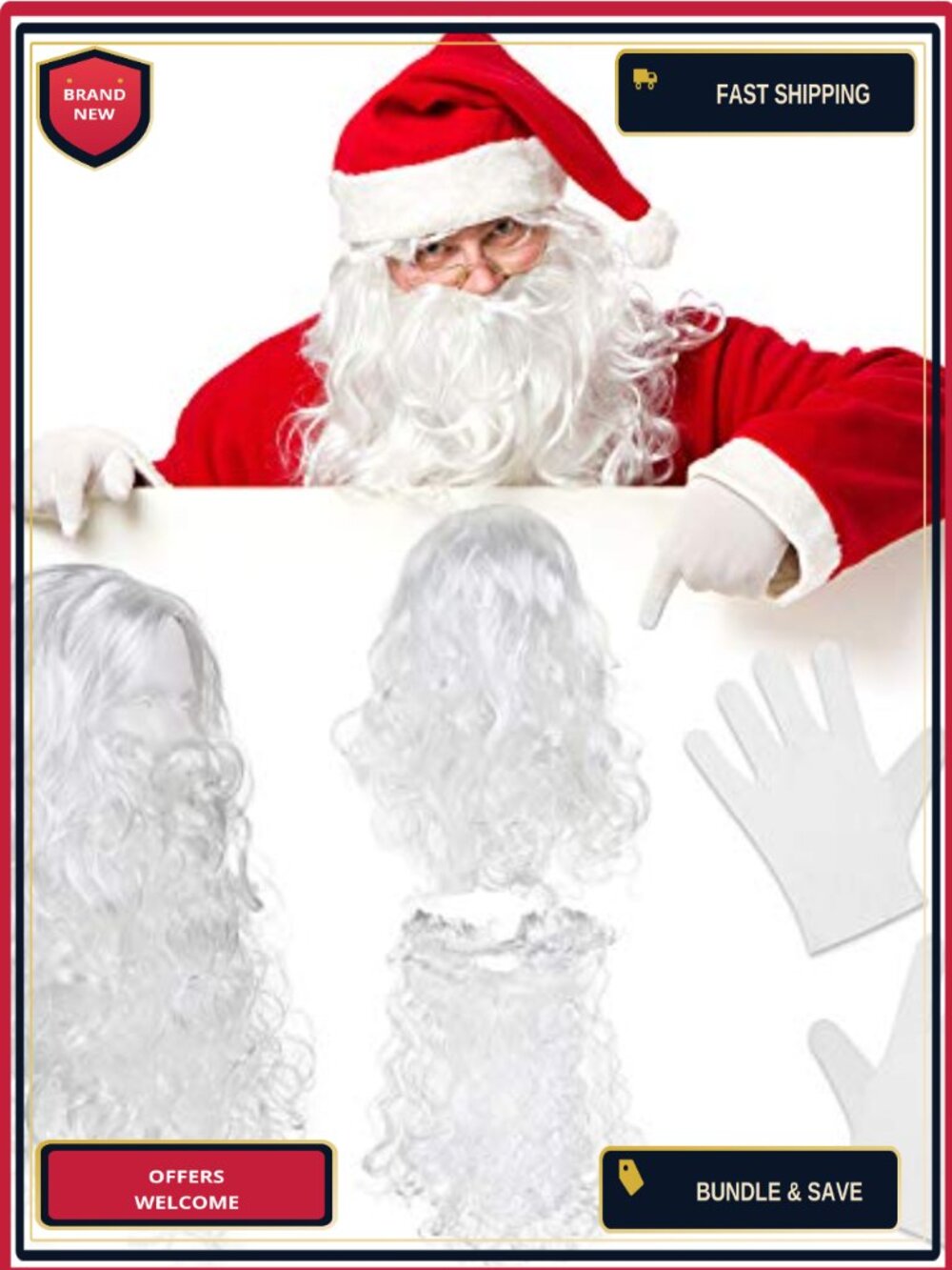 Santa Costume Set White Beard Wig Gloves Synthetic Fibers Christmas Party